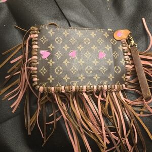 Chic Fringed Designer Wristlet in Brown and Pink